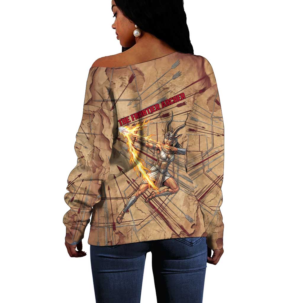 Satis Off Shoulder Sweater with Fiery Bow and Arrow in Ancient Egyptian Warrior