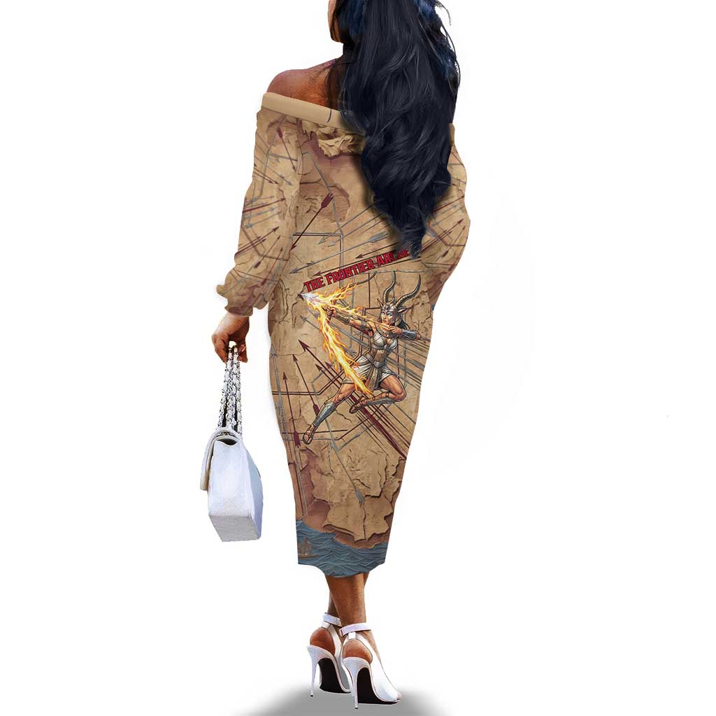 Satis Off The Shoulder Long Sleeve Dress with Fiery Bow and Arrow in Ancient Egyptian Warrior