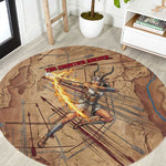 Satis Round Carpet with Fiery Bow and Arrow in Ancient Egyptian Warrior
