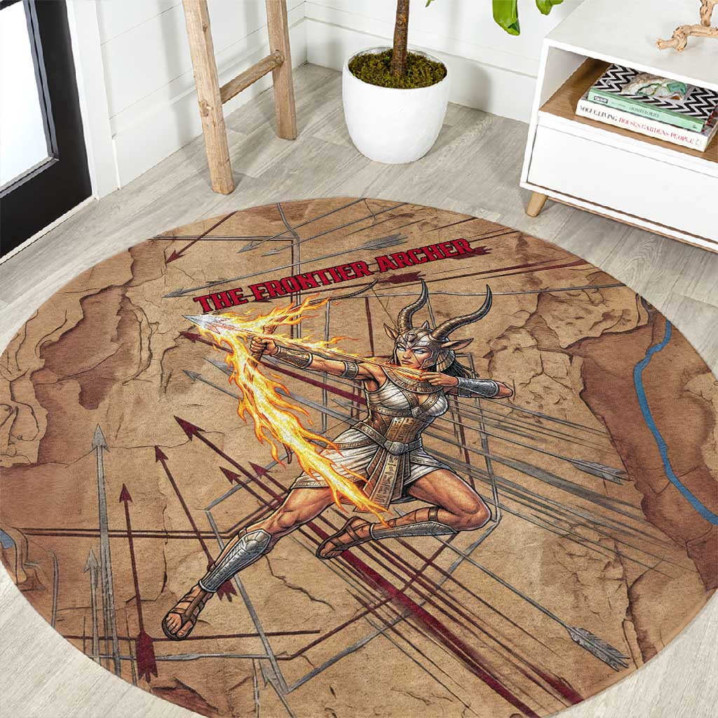 Satis Round Carpet with Fiery Bow and Arrow in Ancient Egyptian Warrior