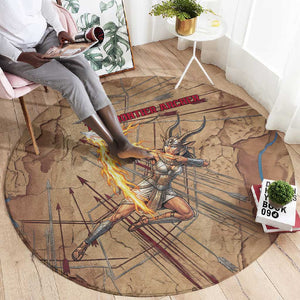 Satis Round Carpet with Fiery Bow and Arrow in Ancient Egyptian Warrior