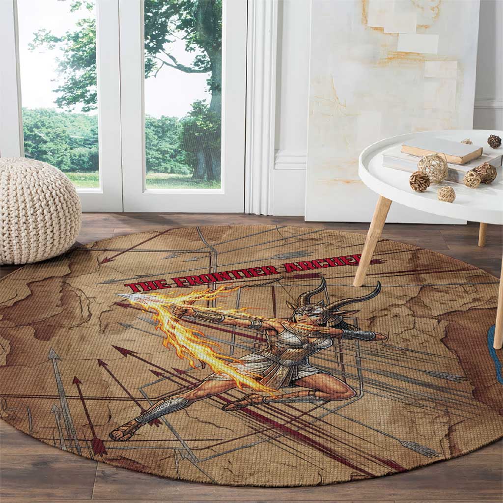 Satis Round Carpet with Fiery Bow and Arrow in Ancient Egyptian Warrior
