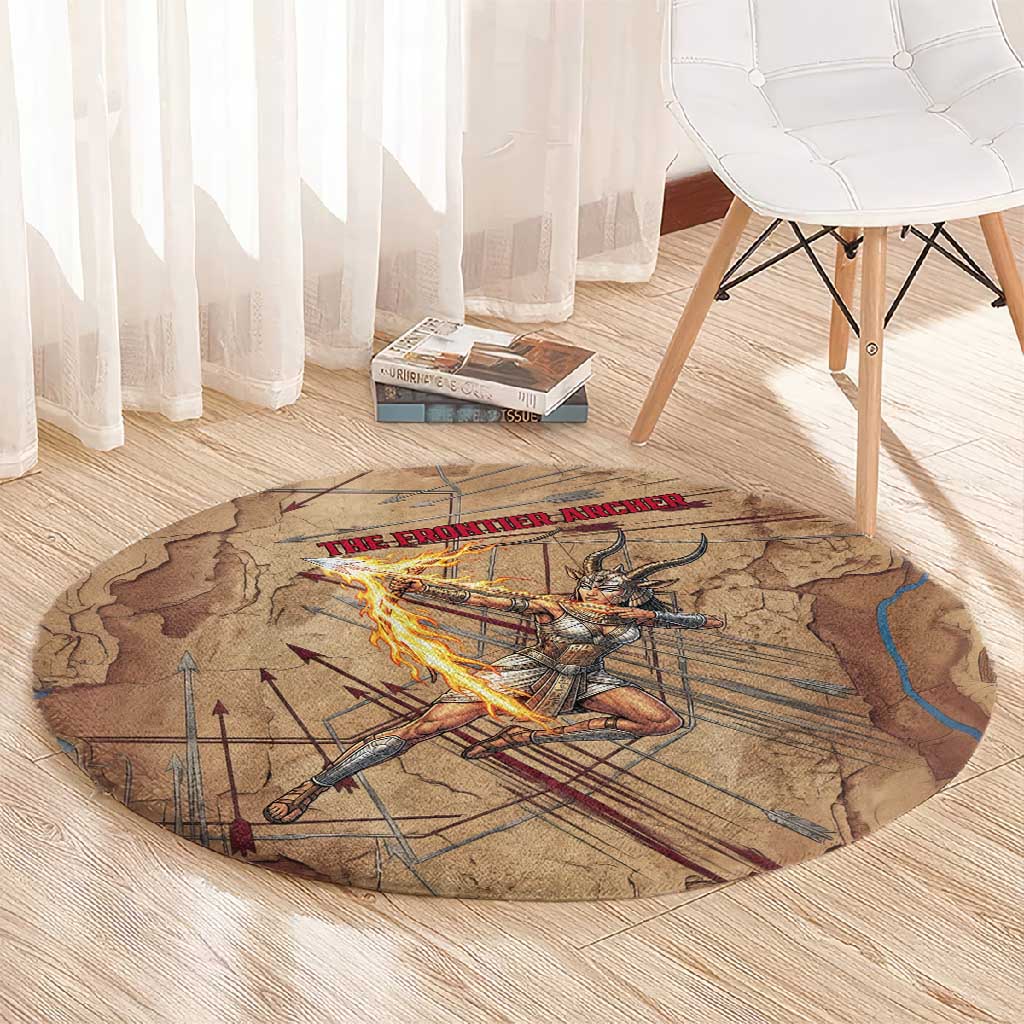 Satis Round Carpet with Fiery Bow and Arrow in Ancient Egyptian Warrior