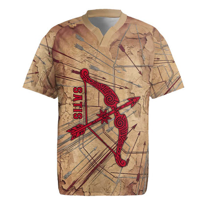 Satis Rugby Jersey with Fiery Bow and Arrow in Ancient Egyptian Warrior
