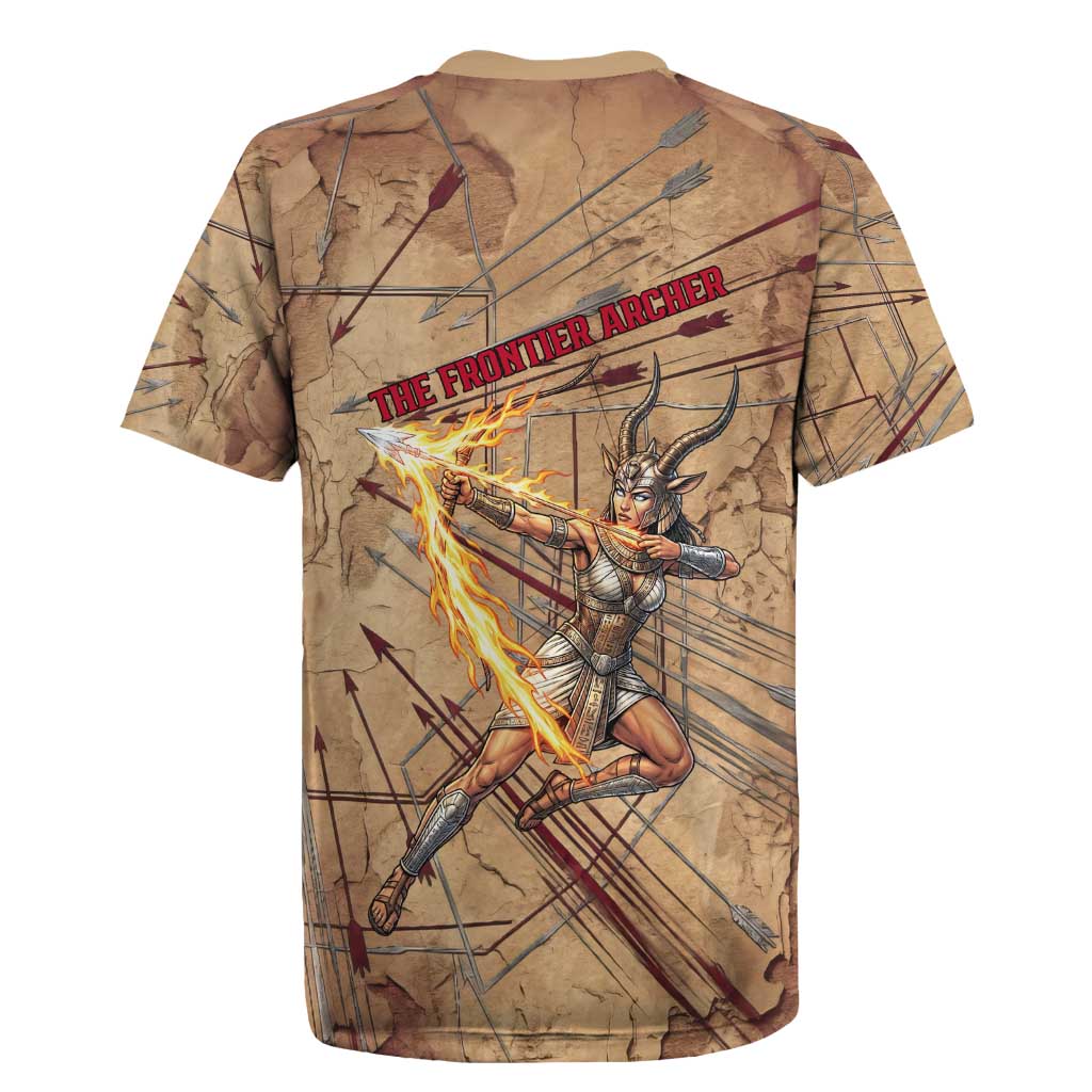 Satis Rugby Jersey with Fiery Bow and Arrow in Ancient Egyptian Warrior