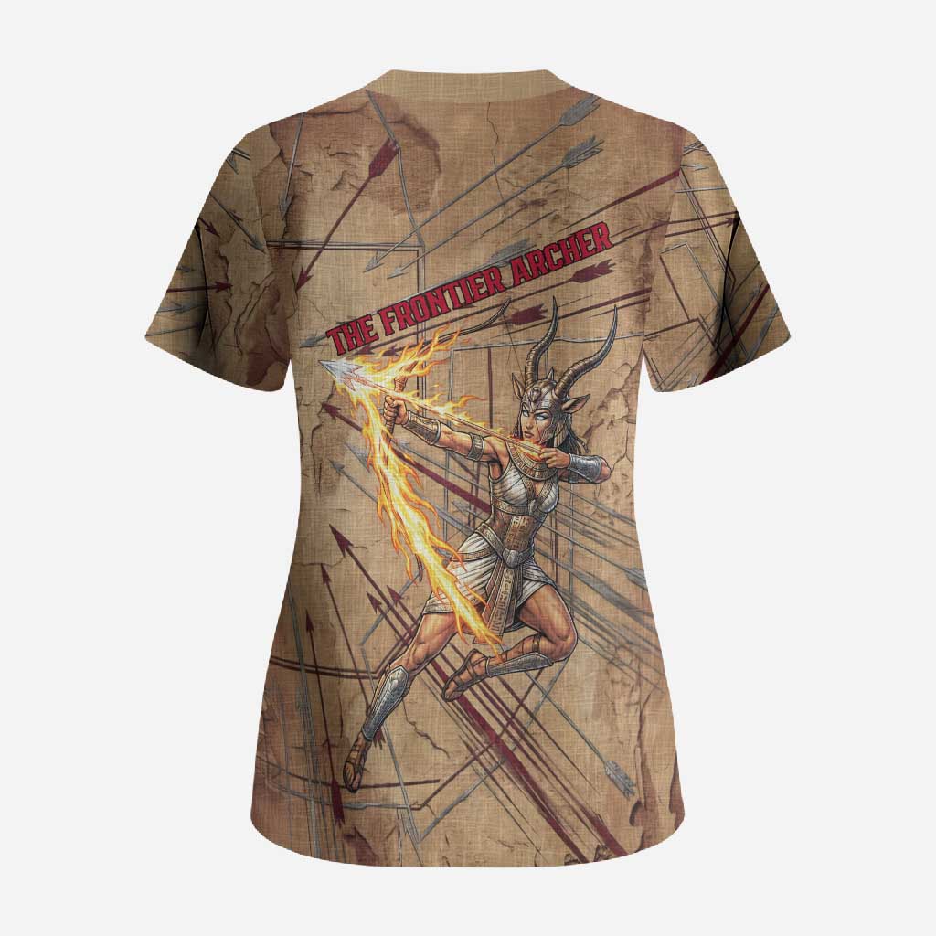 Satis Scrub Top with Fiery Bow and Arrow in Ancient Egyptian Warrior