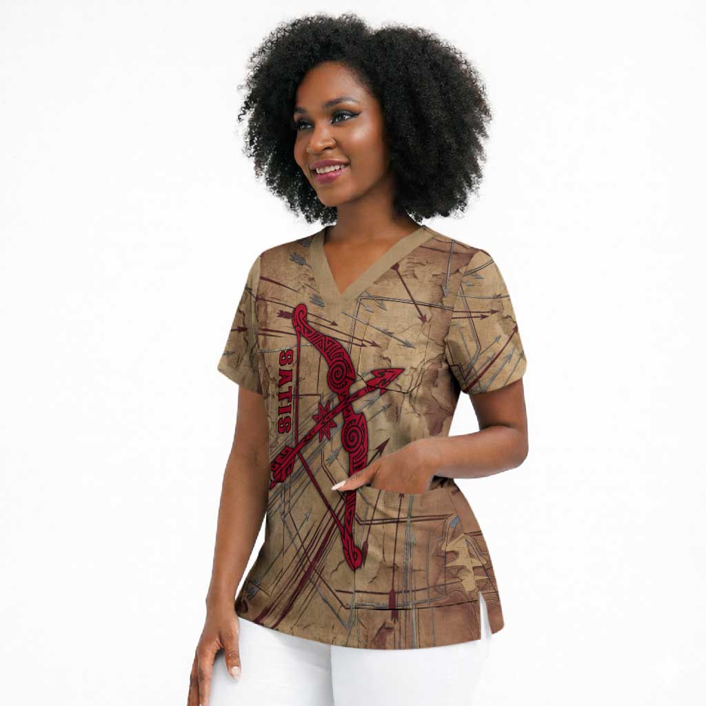 Satis Scrub Top with Fiery Bow and Arrow in Ancient Egyptian Warrior