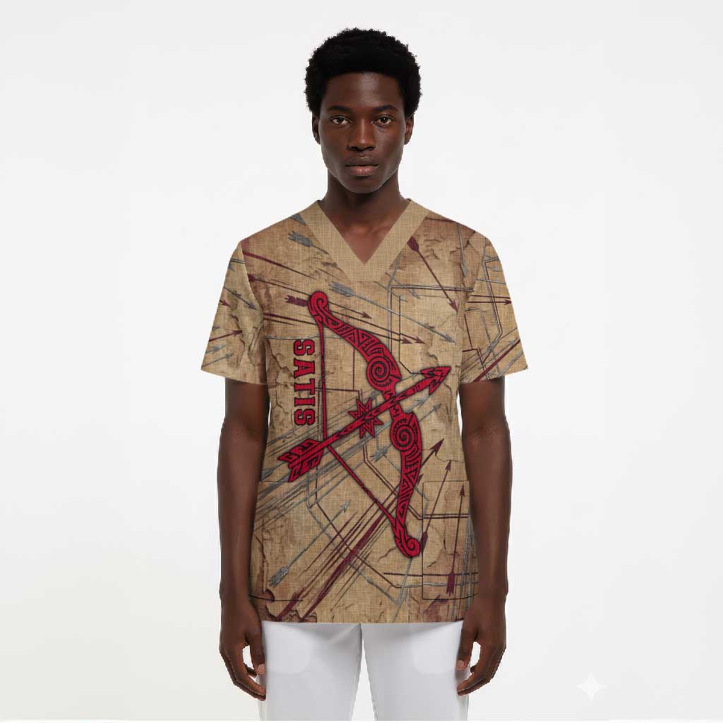 Satis Scrub Top with Fiery Bow and Arrow in Ancient Egyptian Warrior