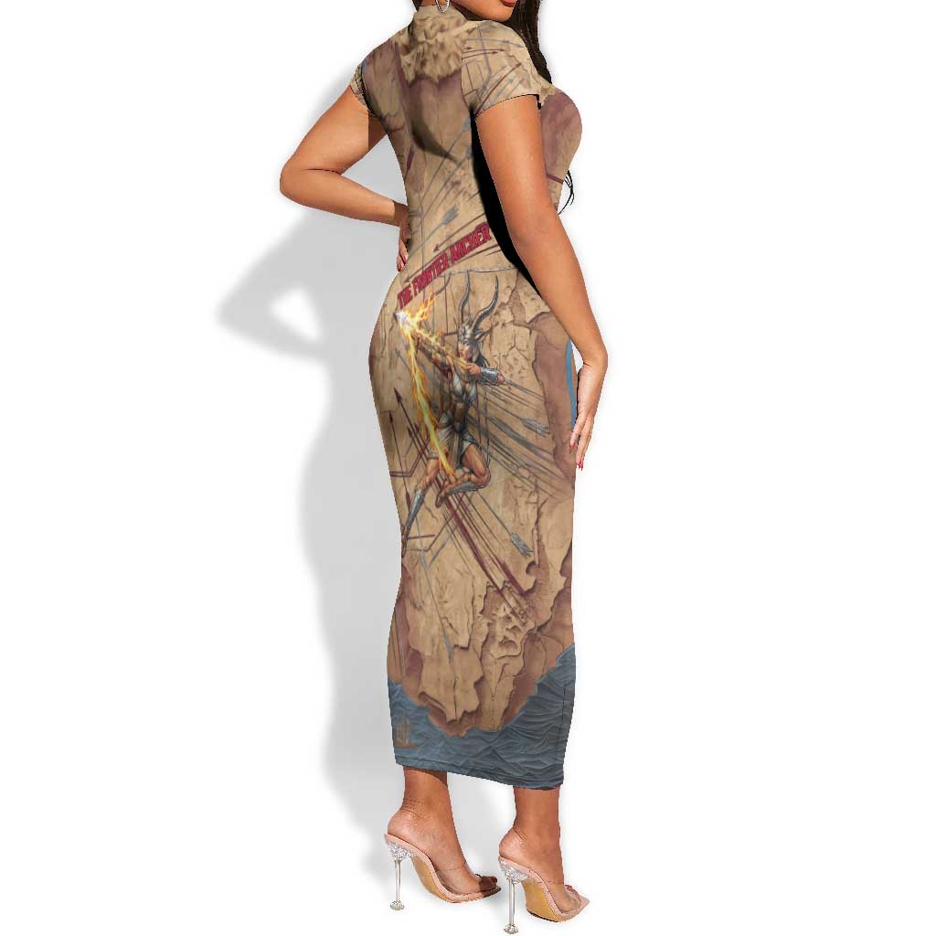 Satis Short Sleeve Bodycon Dress with Fiery Bow and Arrow in Ancient Egyptian Warrior