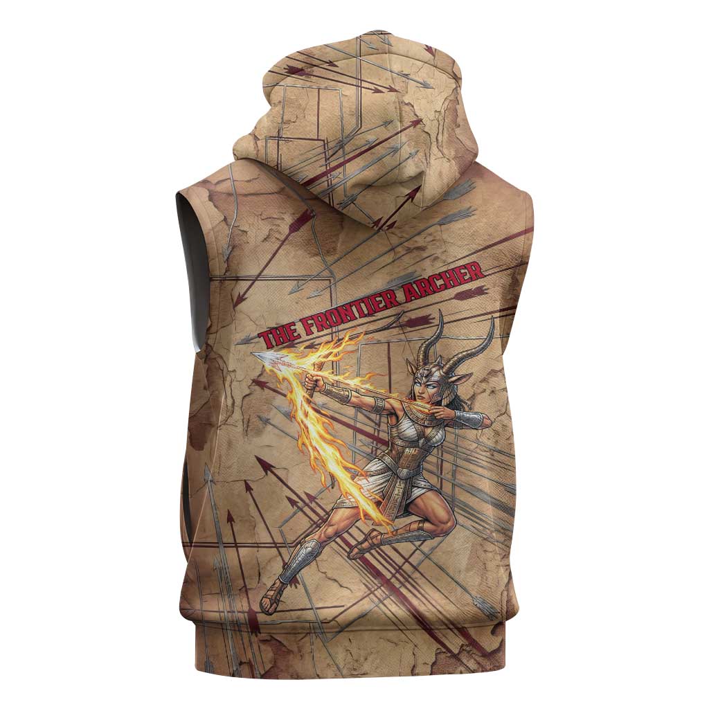 Satis Sleeveless Zip Hoodie with Fiery Bow and Arrow in Ancient Egyptian Warrior