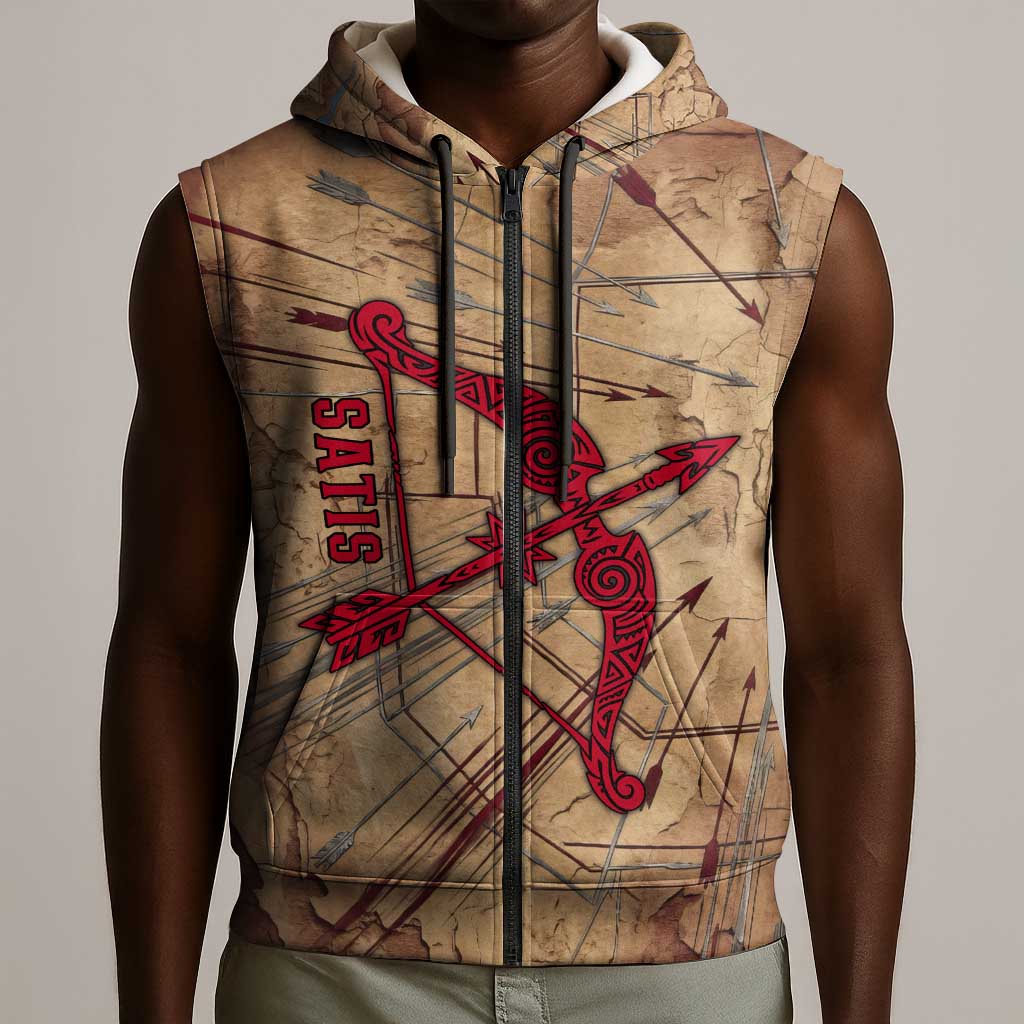 Satis Sleeveless Zip Hoodie with Fiery Bow and Arrow in Ancient Egyptian Warrior