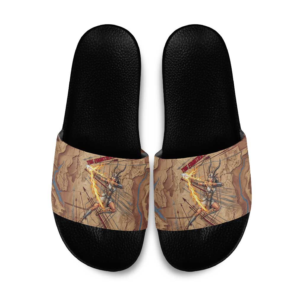 Satis Slide Sandals with Fiery Bow and Arrow in Ancient Egyptian Warrior