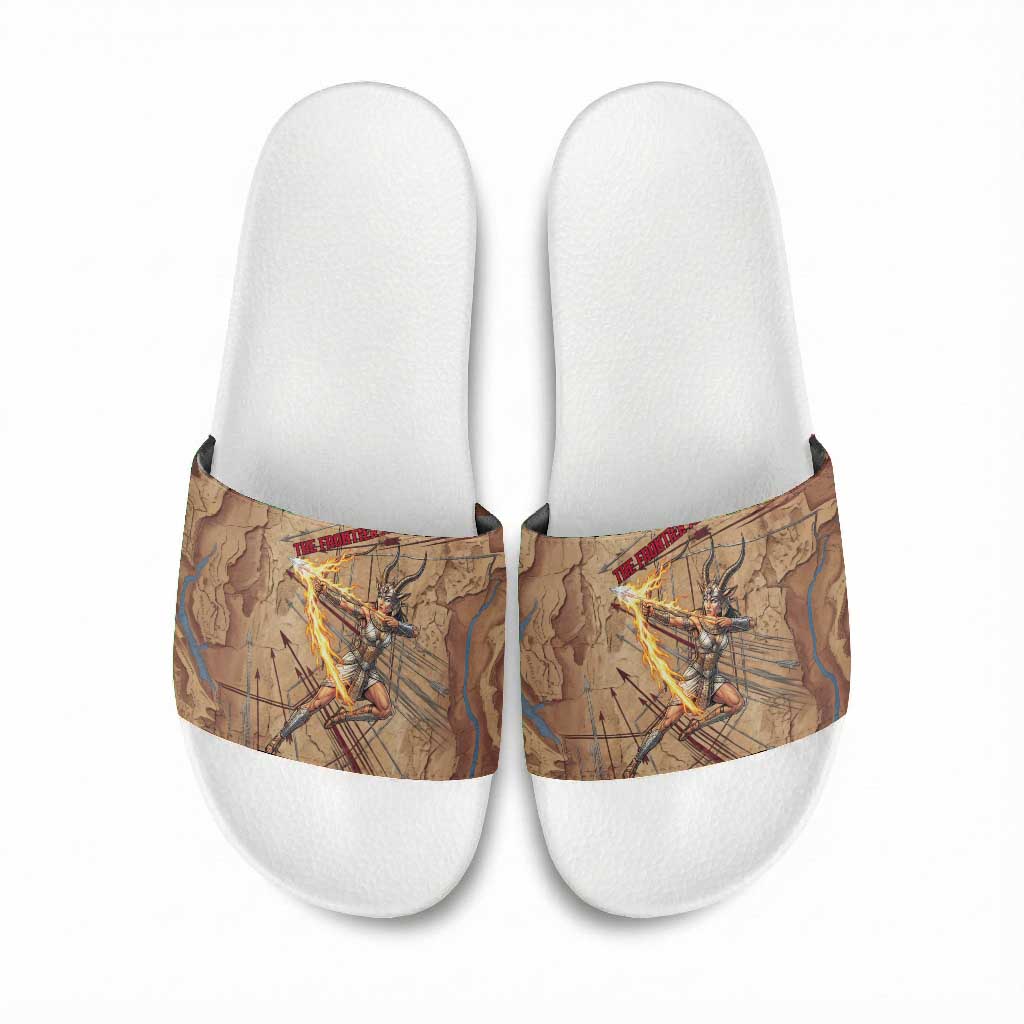 Satis Slide Sandals with Fiery Bow and Arrow in Ancient Egyptian Warrior