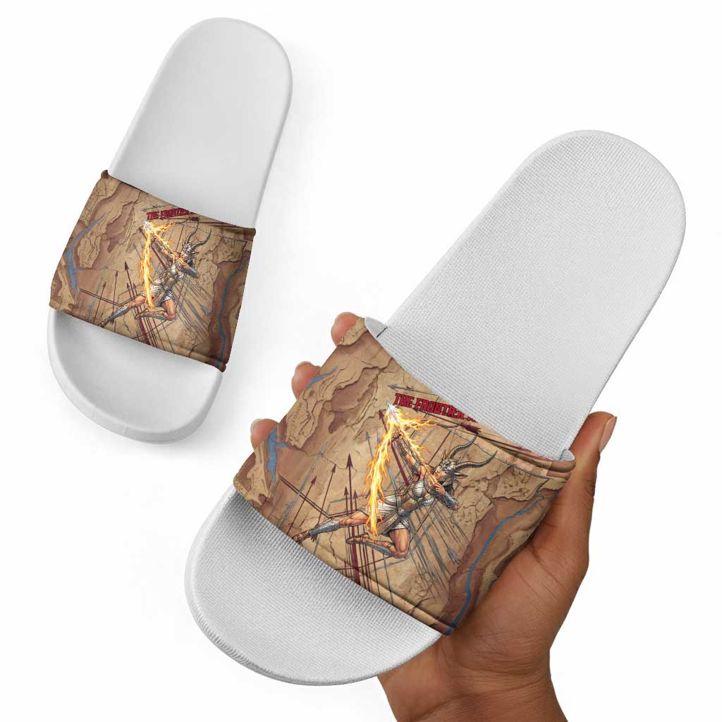 Satis Slide Sandals with Fiery Bow and Arrow in Ancient Egyptian Warrior