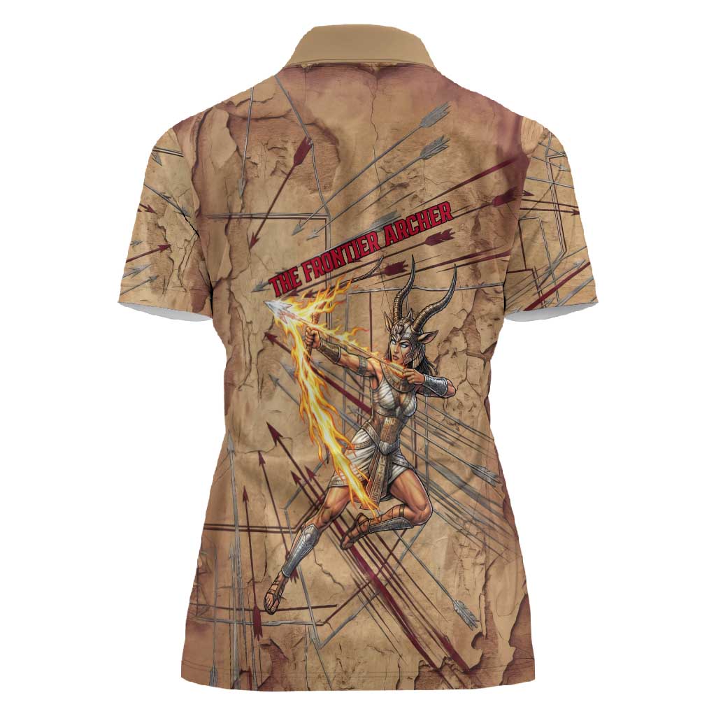 Satis Women Polo Shirt with Fiery Bow and Arrow in Ancient Egyptian Warrior