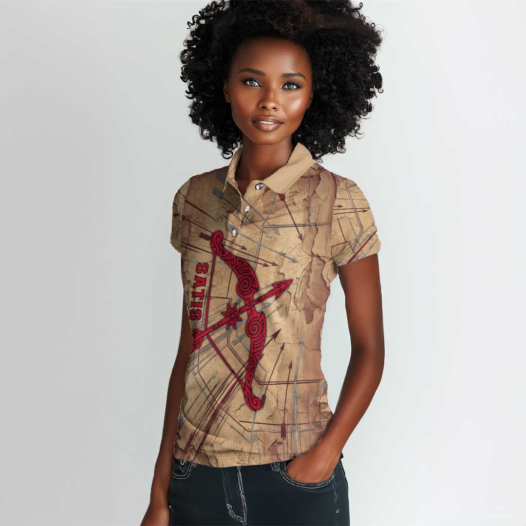 Satis Women Polo Shirt with Fiery Bow and Arrow in Ancient Egyptian Warrior
