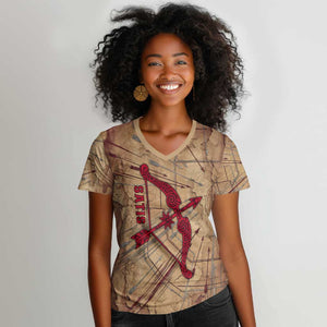 Satis Women V-Neck T-Shirt with Fiery Bow and Arrow in Ancient Egyptian Warrior