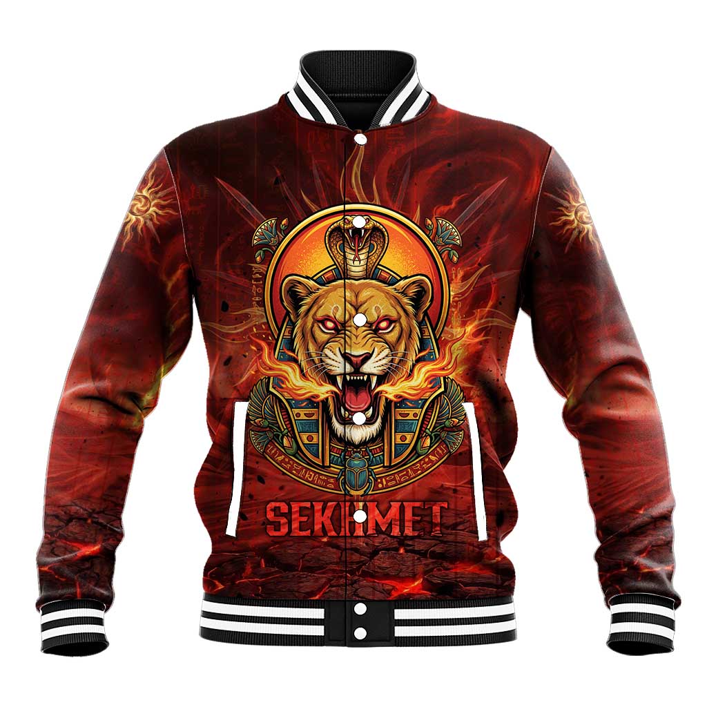 Sekhmet Baseball Jacket Egyptian Fiery Lioness Head and Ancient Warrior