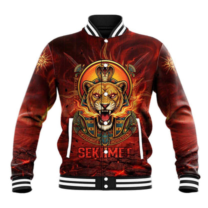 Sekhmet Baseball Jacket Egyptian Fiery Lioness Head and Ancient Warrior