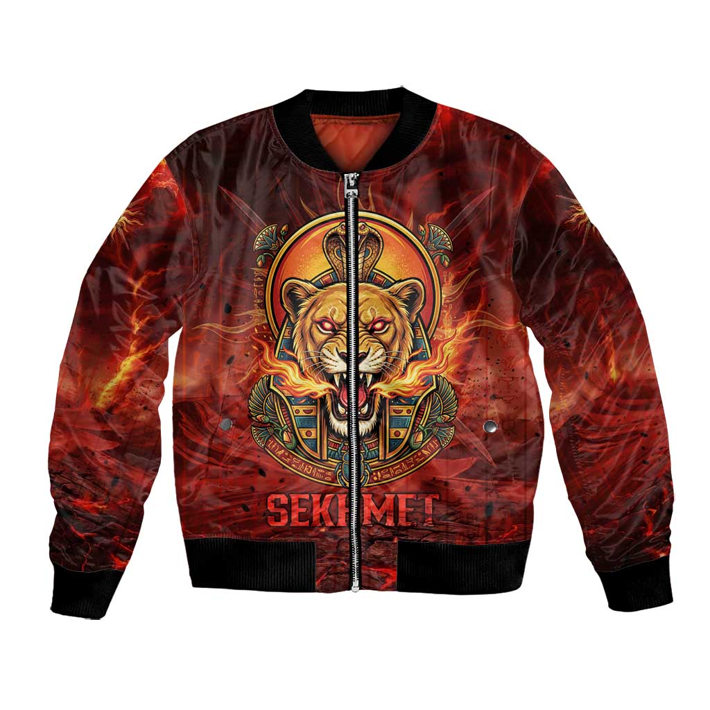 Sekhmet Bomber Jacket Egyptian Fiery Lioness Head and Ancient Warrior