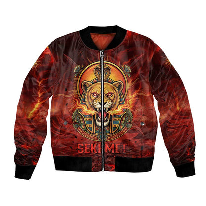 Sekhmet Bomber Jacket Egyptian Fiery Lioness Head and Ancient Warrior