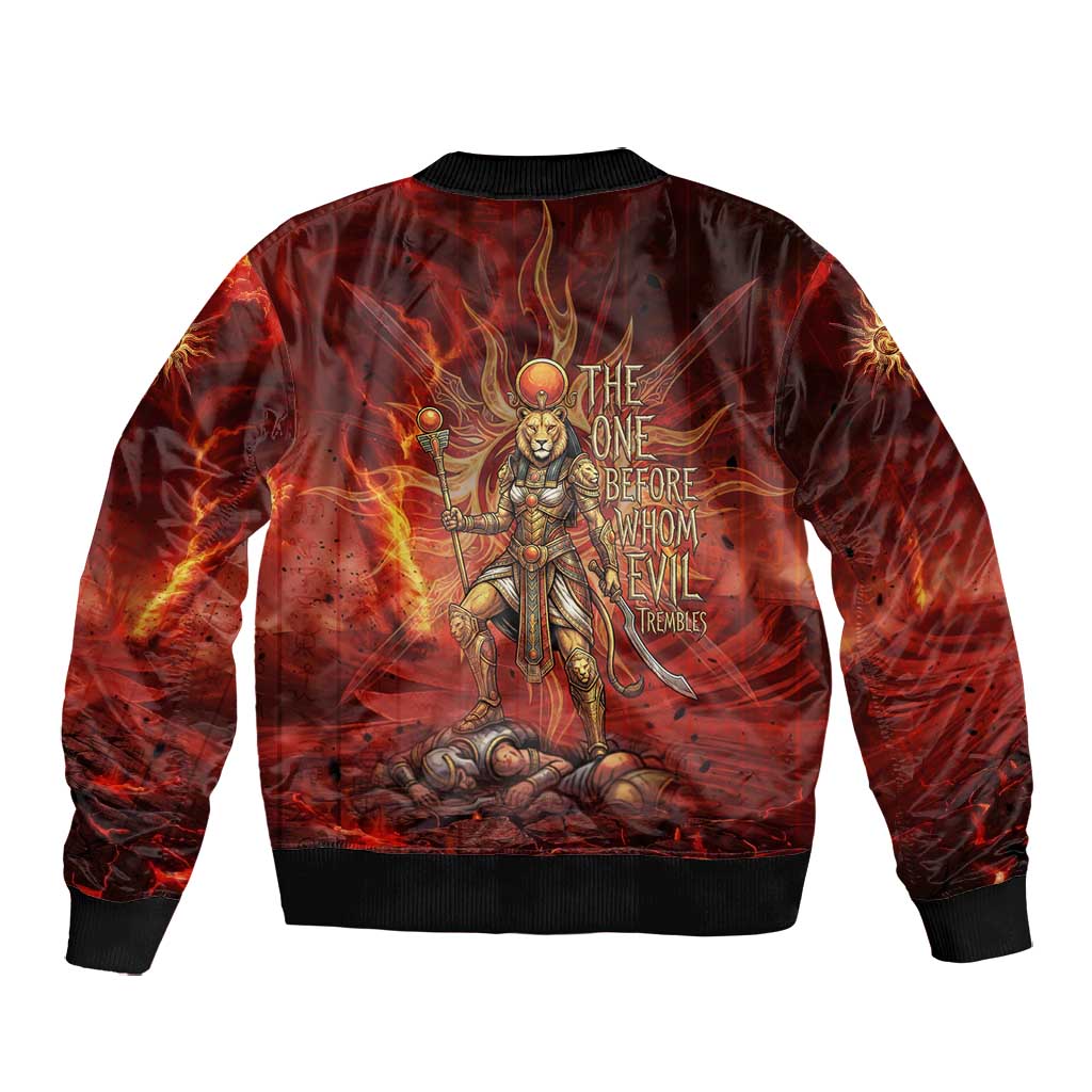 Sekhmet Bomber Jacket Egyptian Fiery Lioness Head and Ancient Warrior