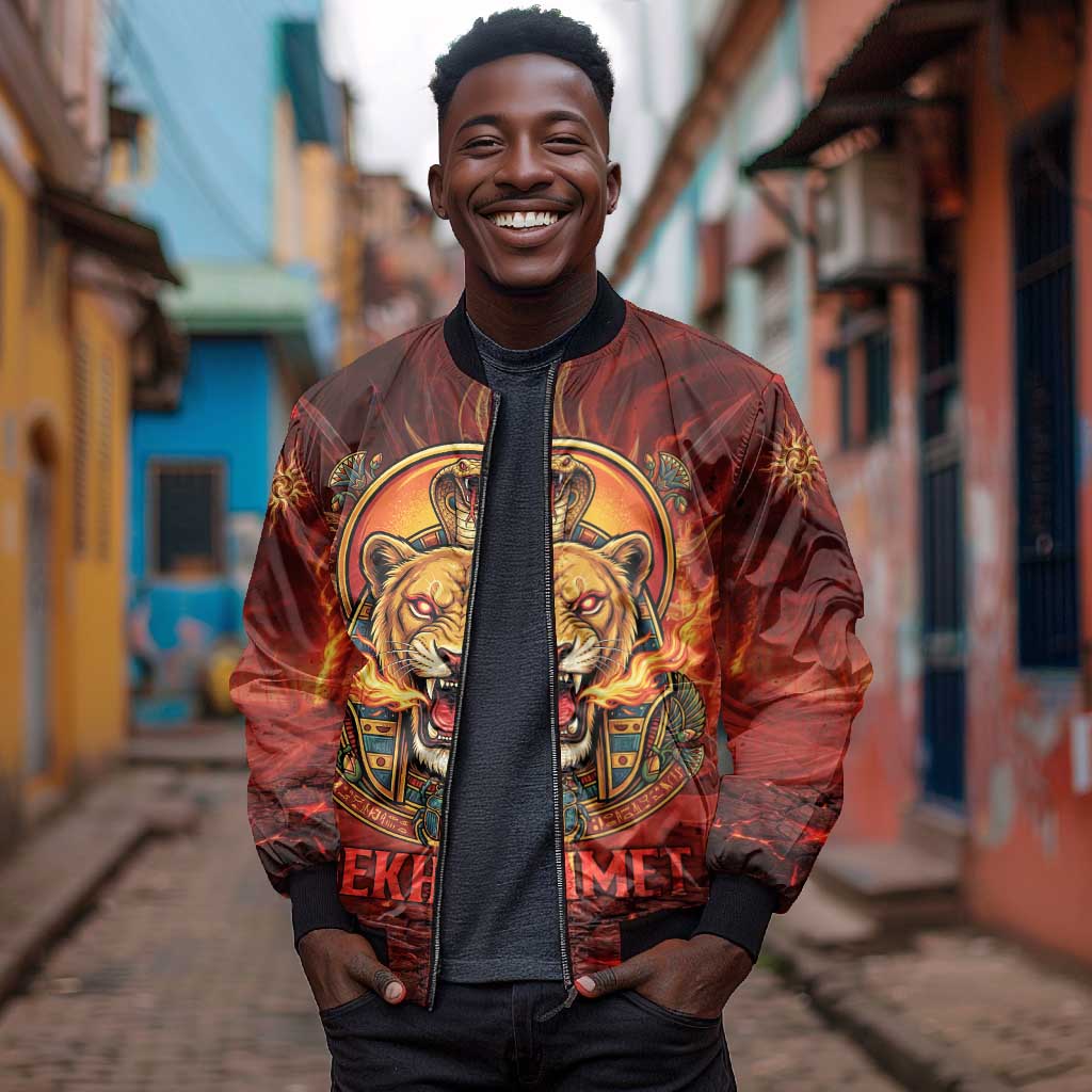 Sekhmet Bomber Jacket Egyptian Fiery Lioness Head and Ancient Warrior