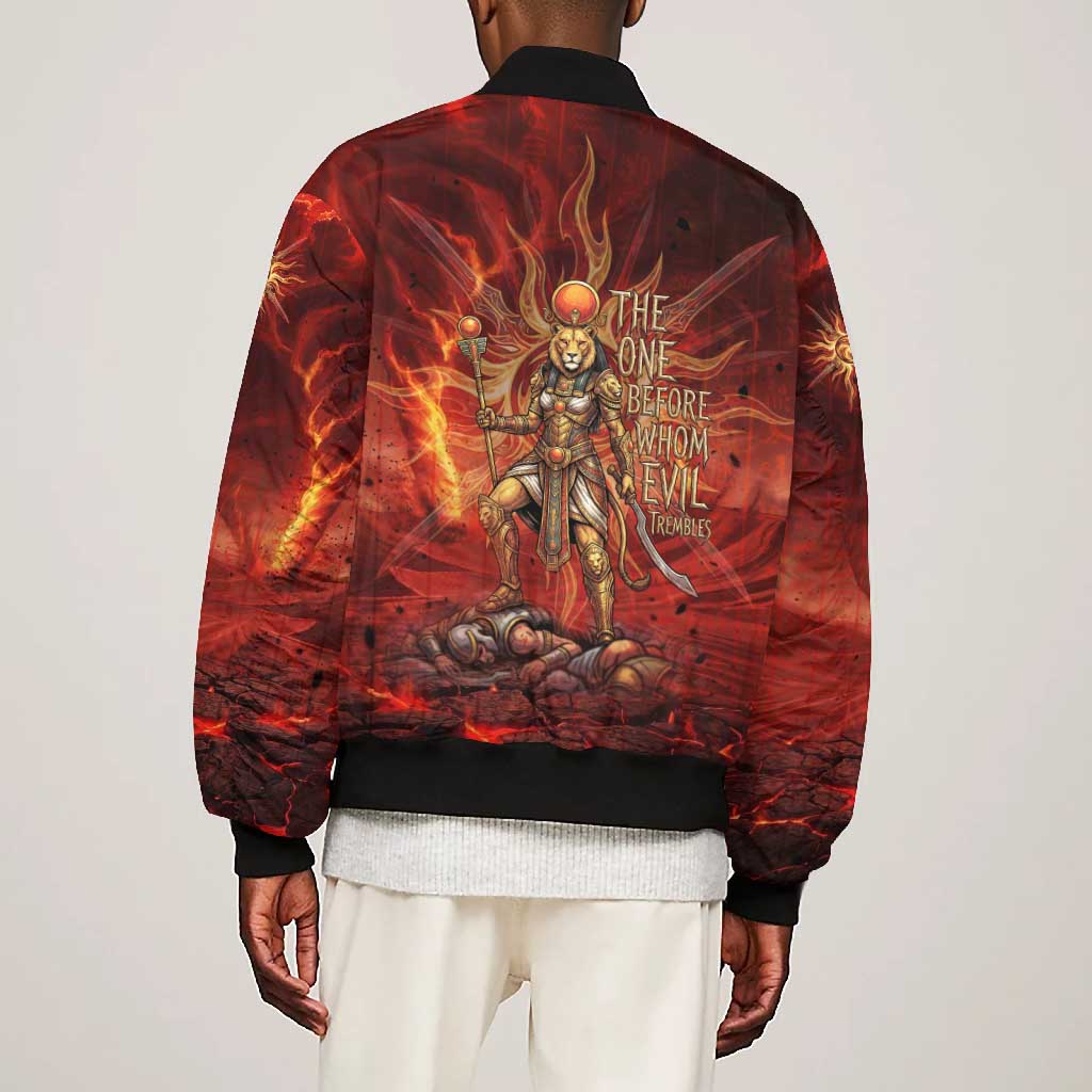 Sekhmet Bomber Jacket Egyptian Fiery Lioness Head and Ancient Warrior