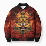Sekhmet Bomber Puffer Jacket Egyptian Fiery Lioness Head and Ancient Warrior