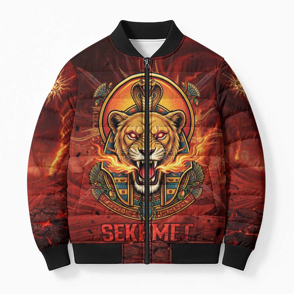 Sekhmet Bomber Puffer Jacket Egyptian Fiery Lioness Head and Ancient Warrior
