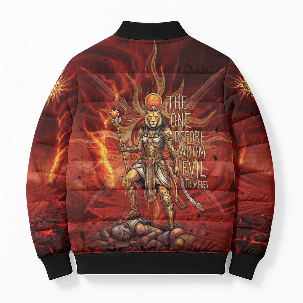 Sekhmet Bomber Puffer Jacket Egyptian Fiery Lioness Head and Ancient Warrior