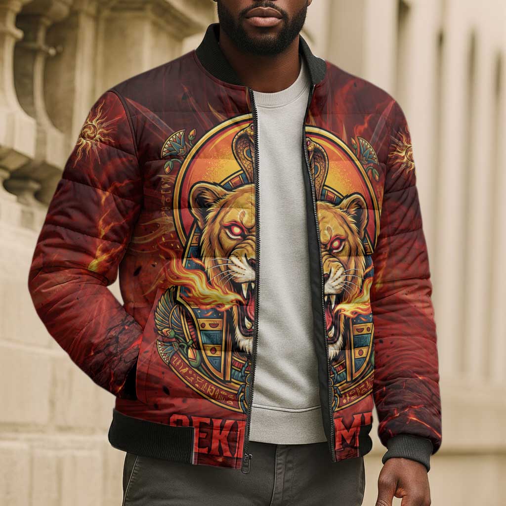 Sekhmet Bomber Puffer Jacket Egyptian Fiery Lioness Head and Ancient Warrior
