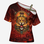 Sekhmet Cross Shoulder Shirt Egyptian Fiery Lioness Head and Ancient Warrior