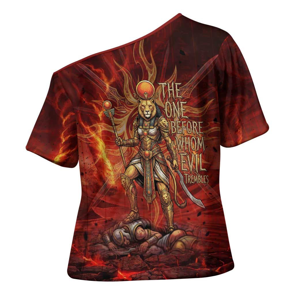 Sekhmet Cross Shoulder Shirt Egyptian Fiery Lioness Head and Ancient Warrior