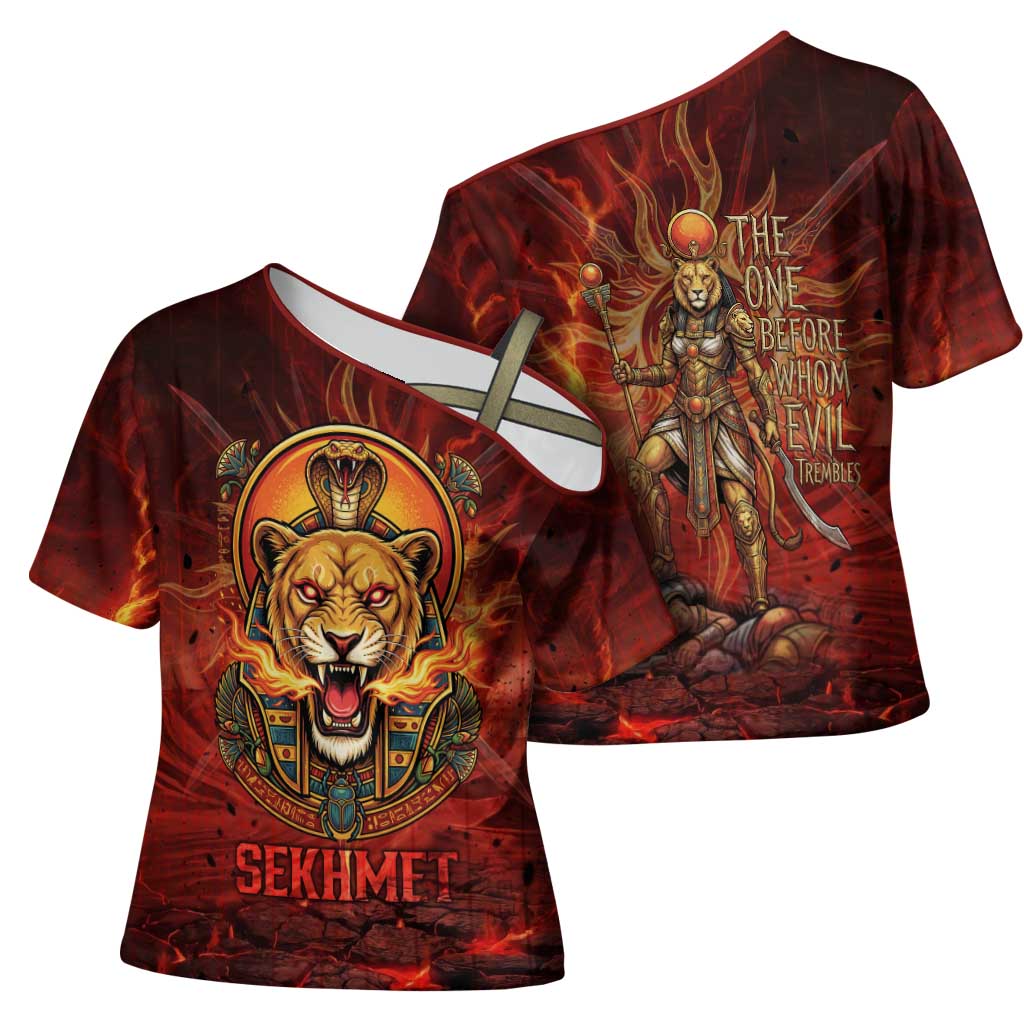 Sekhmet Cross Shoulder Shirt Egyptian Fiery Lioness Head and Ancient Warrior