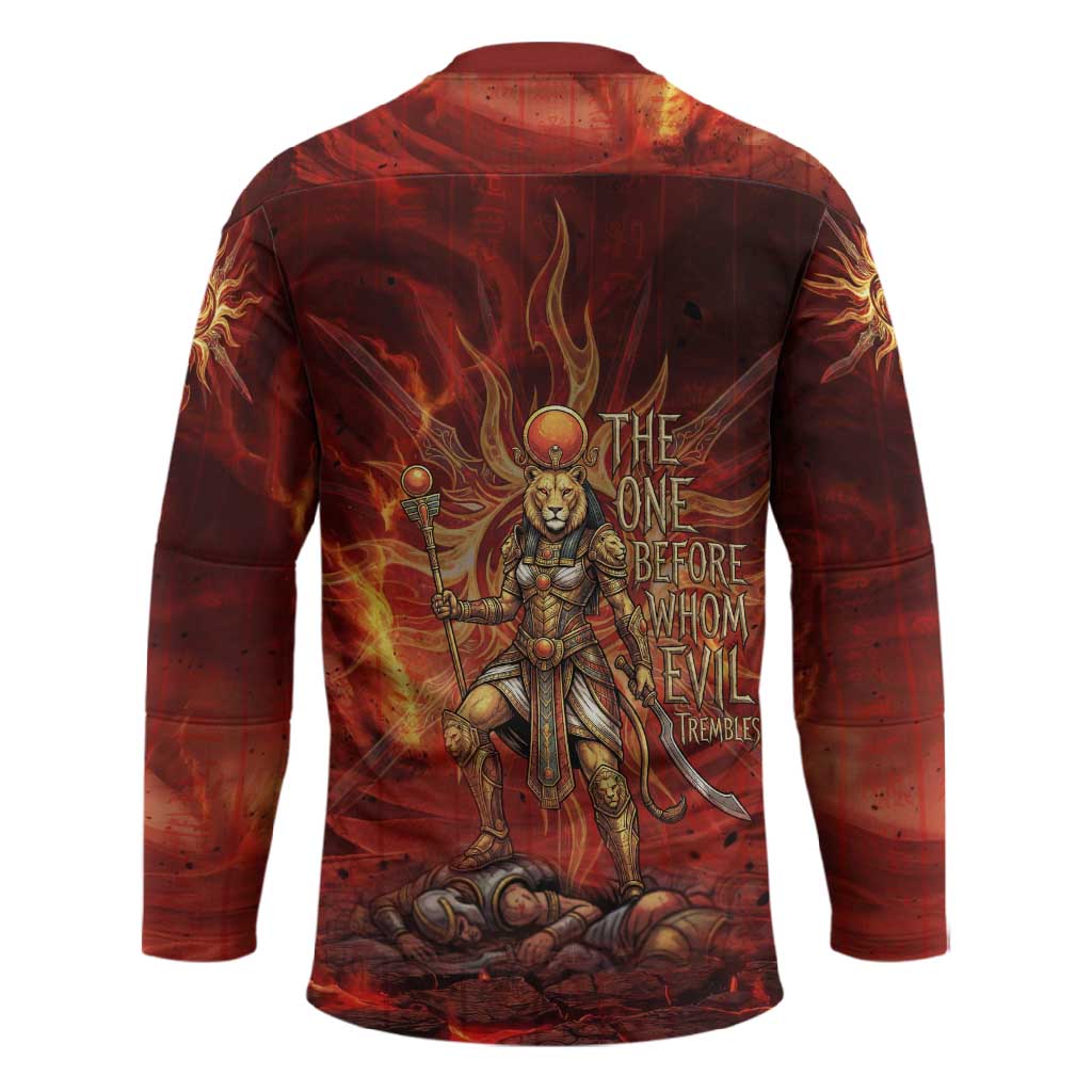Sekhmet Hockey Jersey Egyptian Fiery Lioness Head and Ancient Warrior