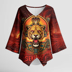 Sekhmet Kimono Sleeve Blouse Egyptian Fiery Lioness Head and Ancient Warrior