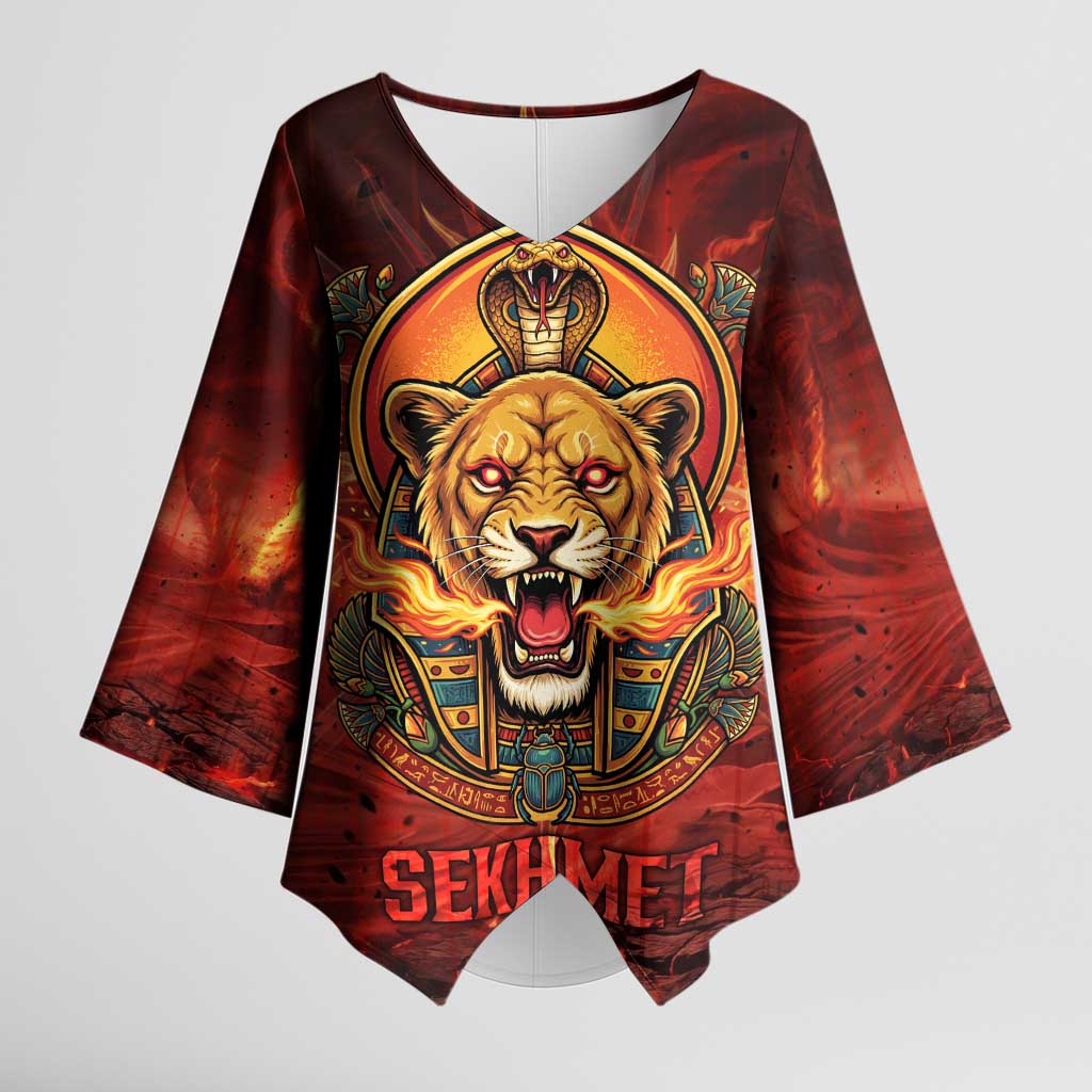 Sekhmet Kimono Sleeve Blouse Egyptian Fiery Lioness Head and Ancient Warrior