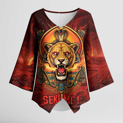 Sekhmet Kimono Sleeve Blouse Egyptian Fiery Lioness Head and Ancient Warrior