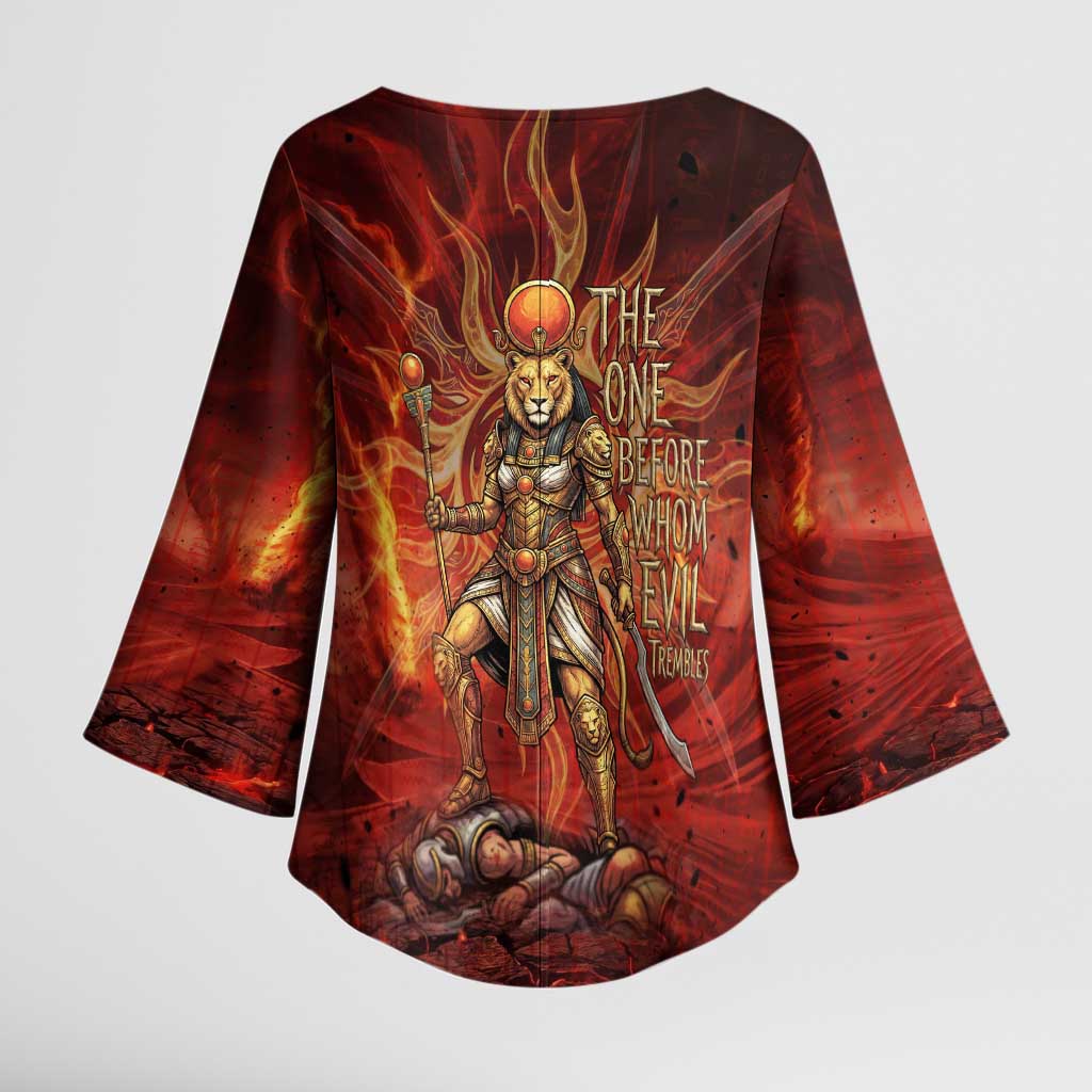 Sekhmet Kimono Sleeve Blouse Egyptian Fiery Lioness Head and Ancient Warrior