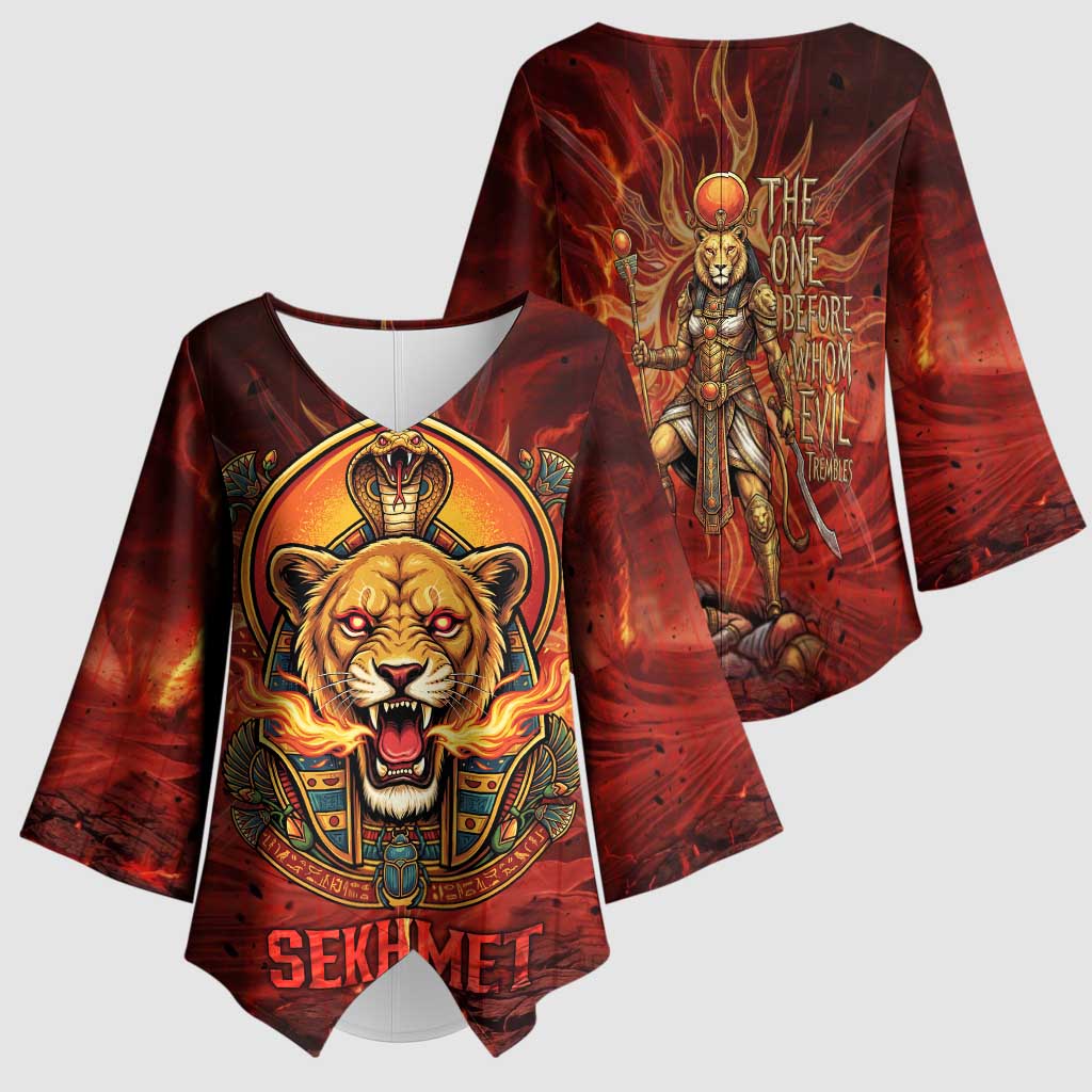 Sekhmet Kimono Sleeve Blouse Egyptian Fiery Lioness Head and Ancient Warrior