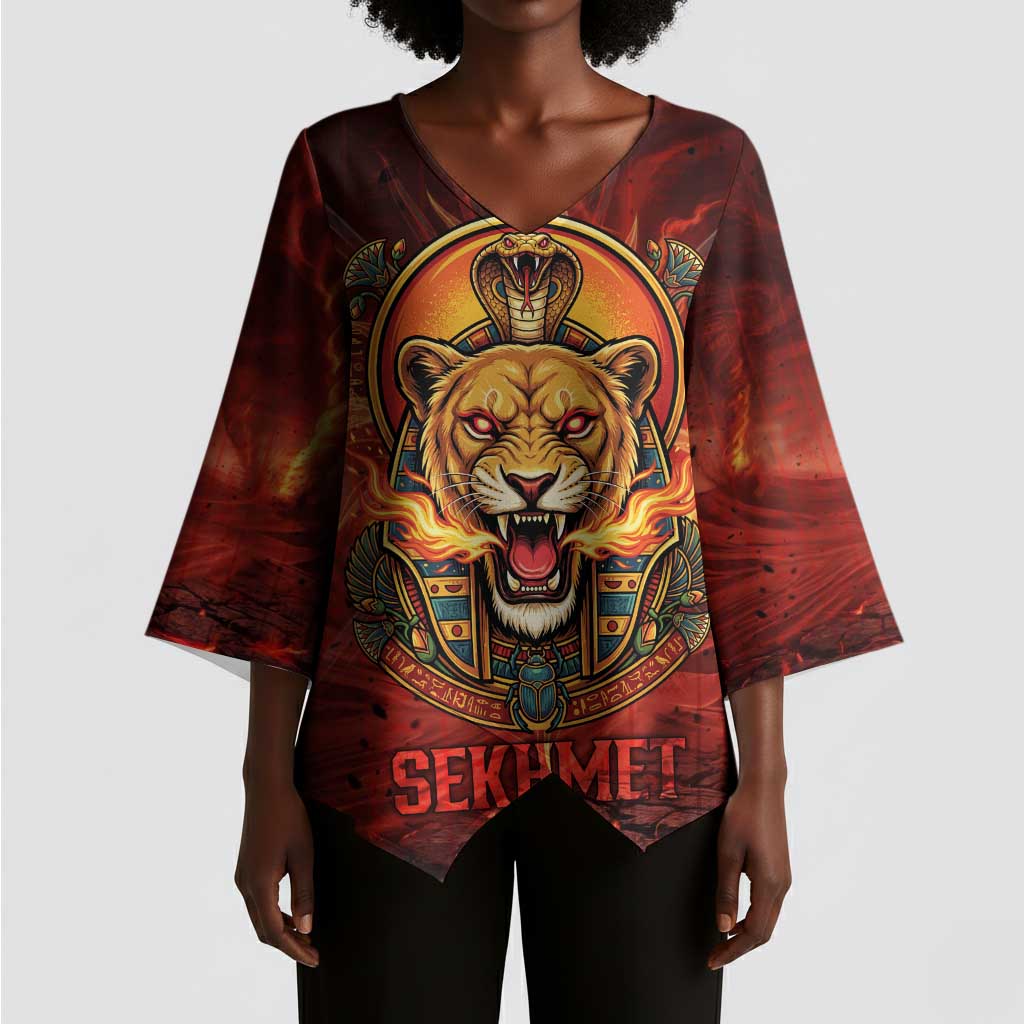 Sekhmet Kimono Sleeve Blouse Egyptian Fiery Lioness Head and Ancient Warrior