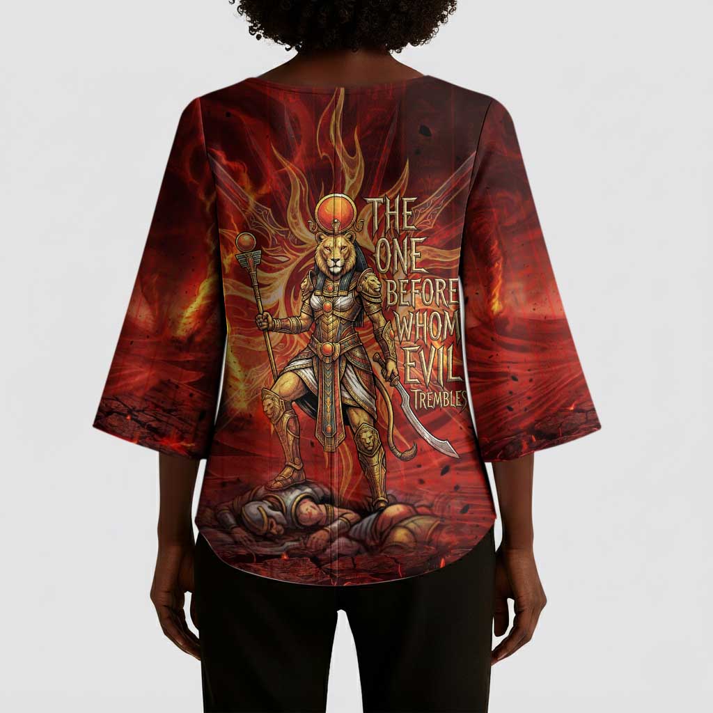 Sekhmet Kimono Sleeve Blouse Egyptian Fiery Lioness Head and Ancient Warrior