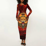 Sekhmet Long Sleeve Bodycon Dress Egyptian Fiery Lioness Head and Ancient Warrior