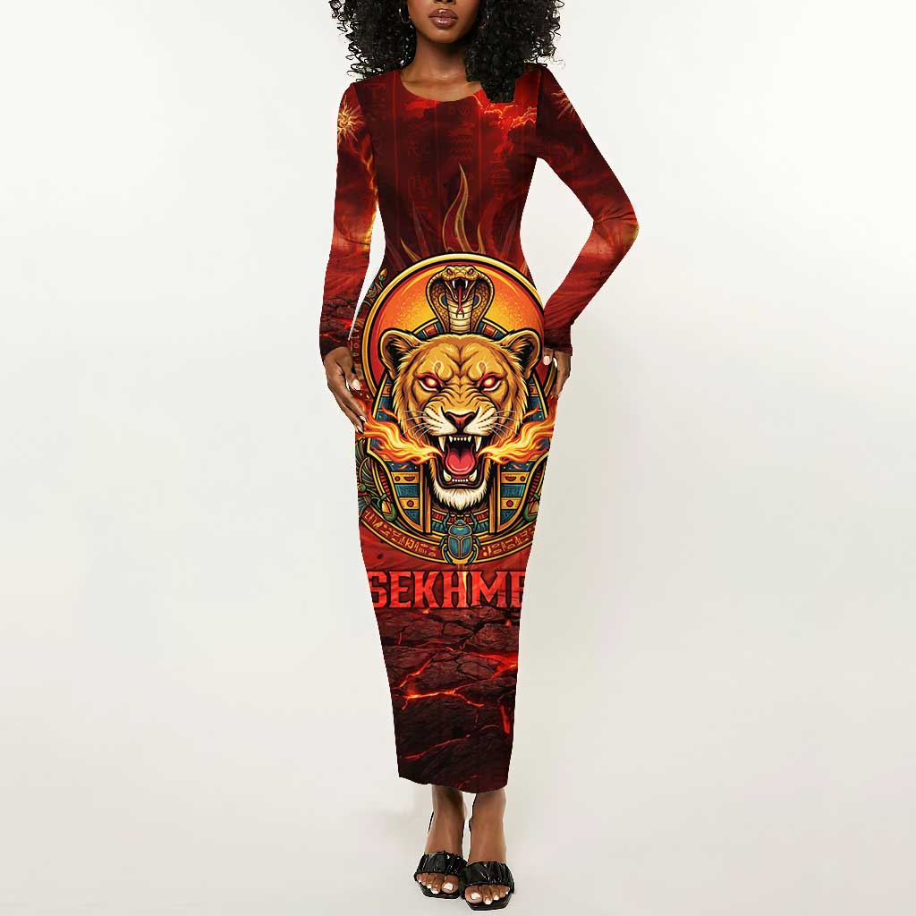 Sekhmet Long Sleeve Bodycon Dress Egyptian Fiery Lioness Head and Ancient Warrior