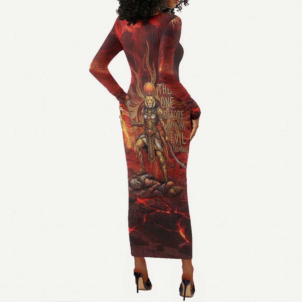 Sekhmet Long Sleeve Bodycon Dress Egyptian Fiery Lioness Head and Ancient Warrior