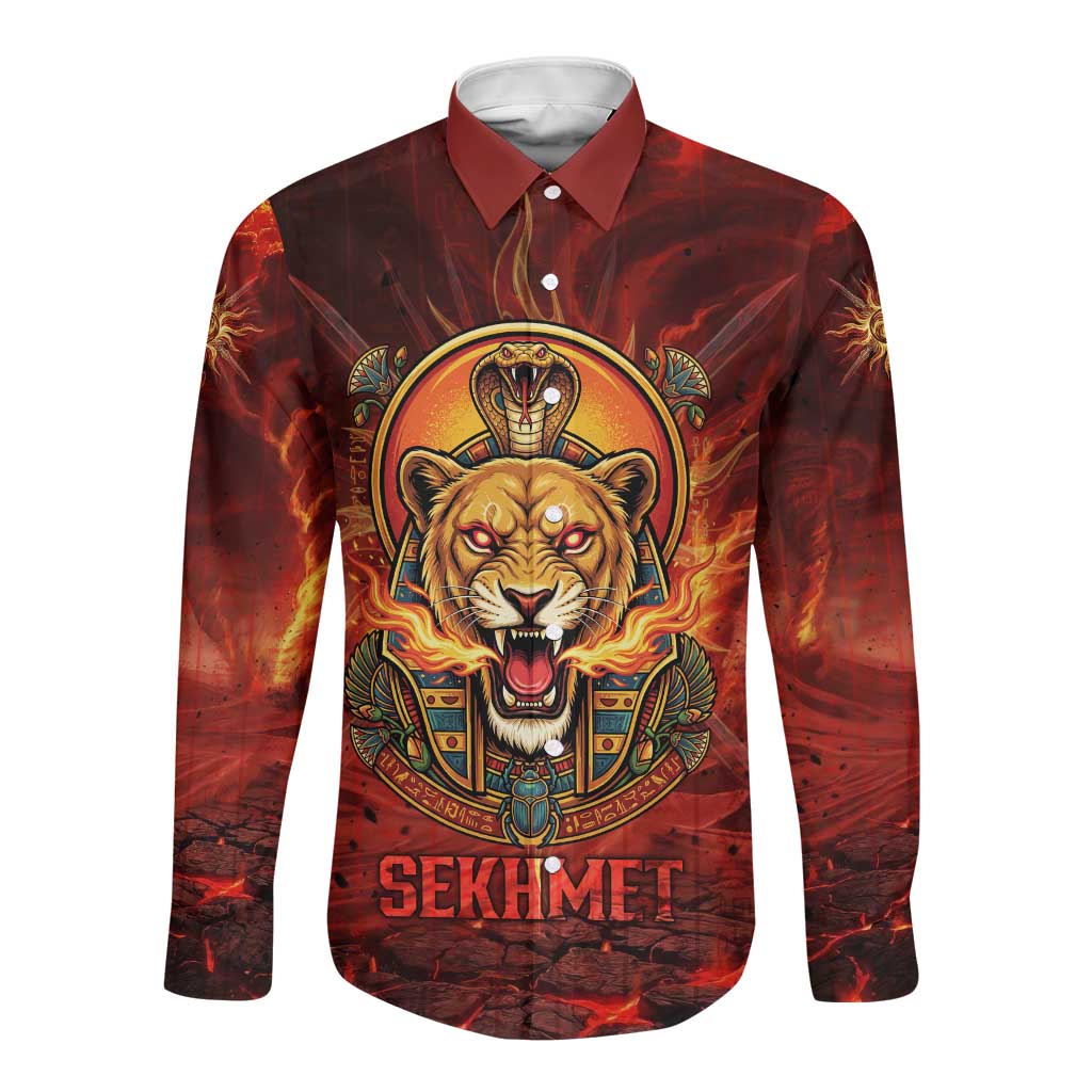 Sekhmet Long Sleeve Button Shirt Egyptian Fiery Lioness Head and Ancient Warrior