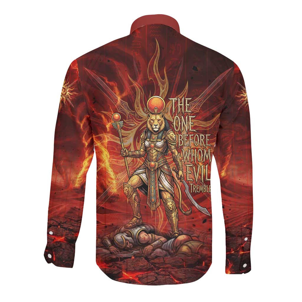 Sekhmet Long Sleeve Button Shirt Egyptian Fiery Lioness Head and Ancient Warrior