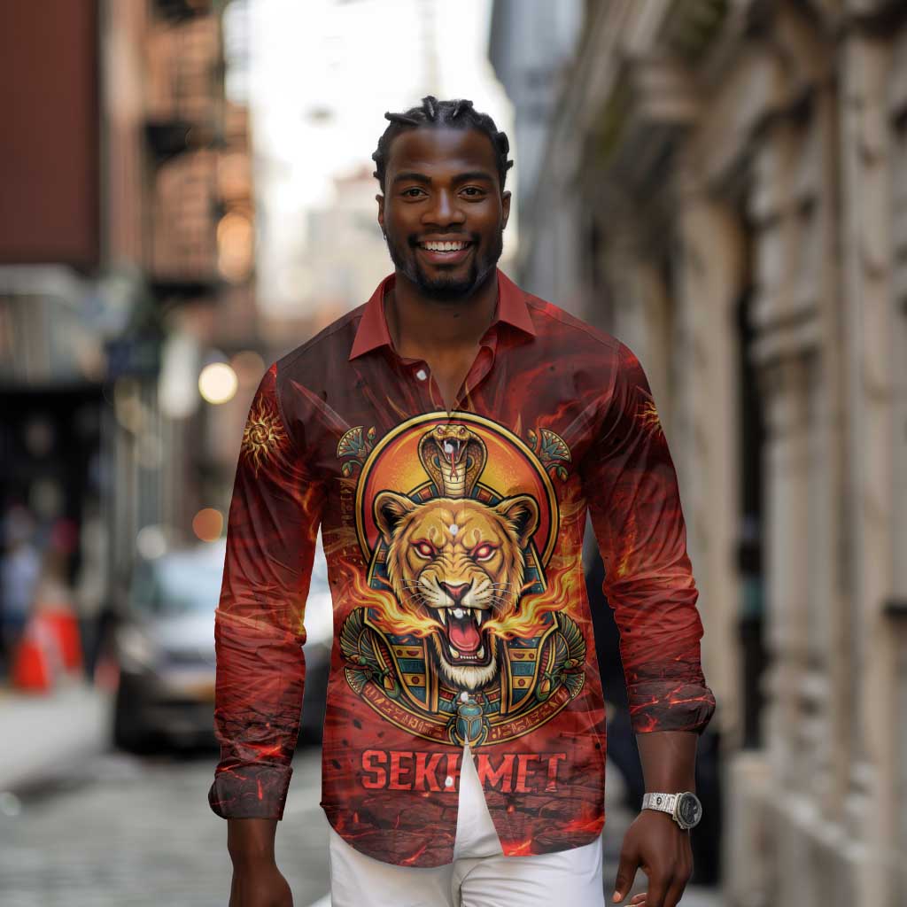 Sekhmet Long Sleeve Button Shirt Egyptian Fiery Lioness Head and Ancient Warrior