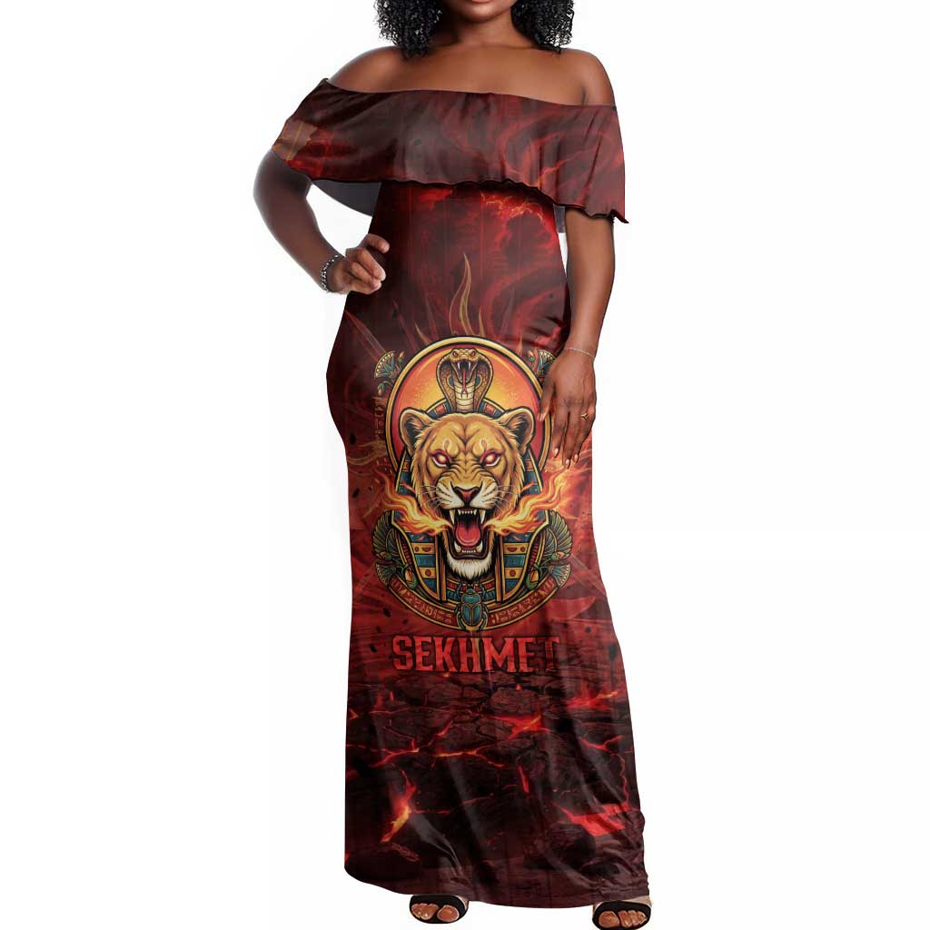 Sekhmet Off Shoulder Maxi Dress Egyptian Fiery Lioness Head and Ancient Warrior